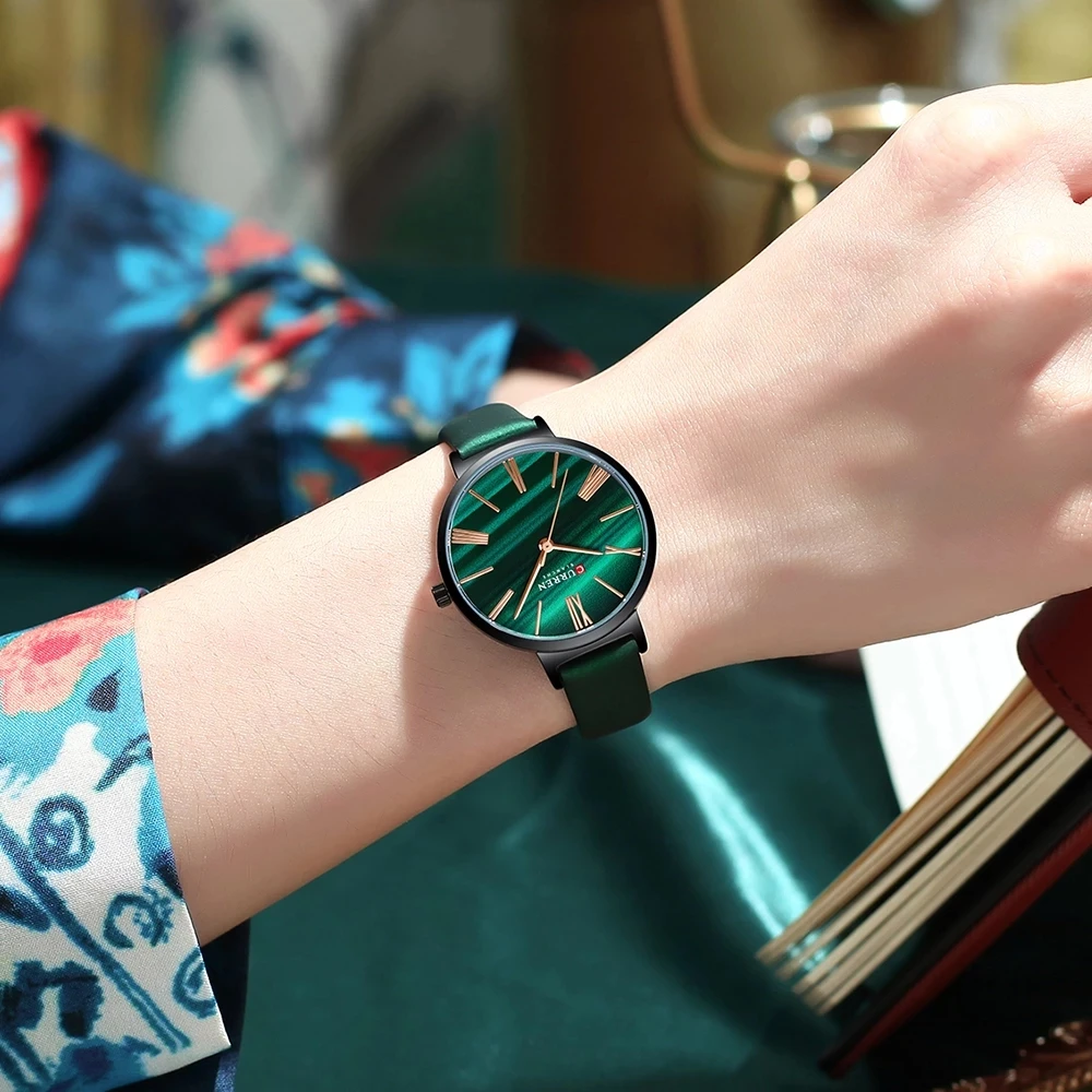 CURREN Luxury Watches for Women Malachite Green Quartz Dress Ladies Bracelet Wristwatch with Leather Female Clock Waterproof