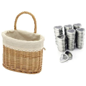 

1x Wicker Basket Rattan English Country Style Picnic Basket & 30x Heart Metal Tins,Empty Heart Shaped Silver Metal Tins