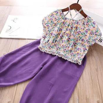 

2020 Summer Girls Sets Printed Floral Tshirt and Pants Children's Clothing Wholesale