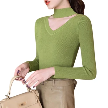 

Autumn And Winter New Half-high V-neck Long-sleeved Solid Color Temperament Sweater Slim Knit Bottoming Shirt