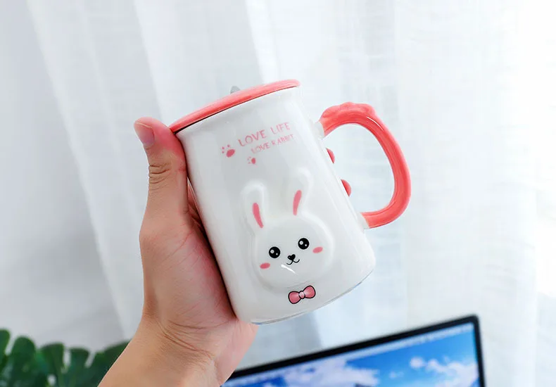 Korean style creative Korean cartoon bunny ceramic cup with lid with spoon student cup office mug children's room decoration