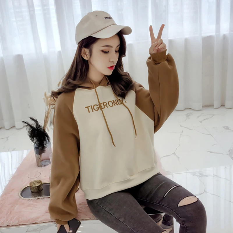 Худи с вышивкой Толстовка KPOP женские свитшоты с капюшоном Лоскутная негабаритная корейский пуловер зимняя толстовка с длинными рукавами