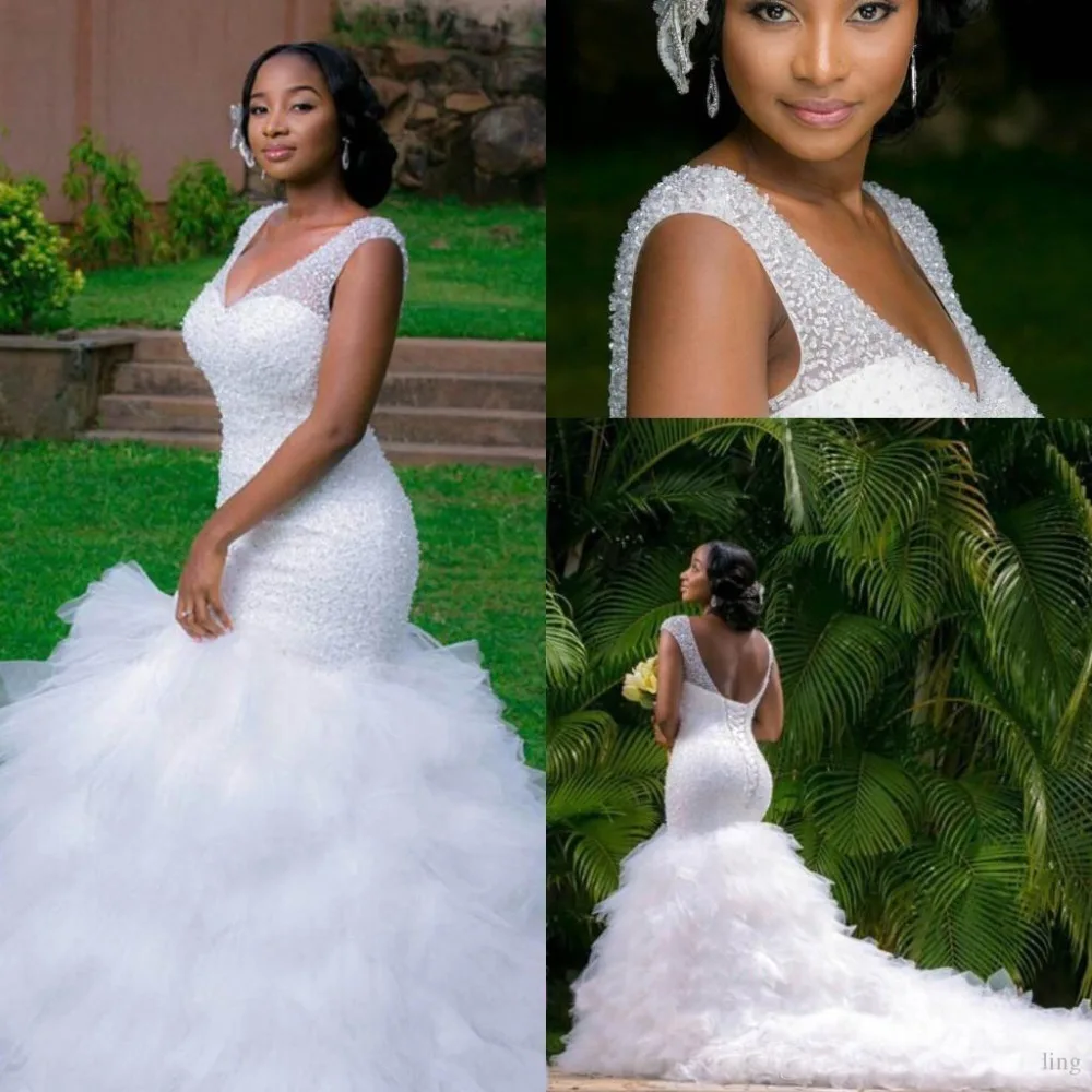 

Mermaid Plus Size Wedding Dresses 2016 Deep V Neck Beaded Sequins Layers Ruffles Chapel Train Lace Up Back Bridal Gowns