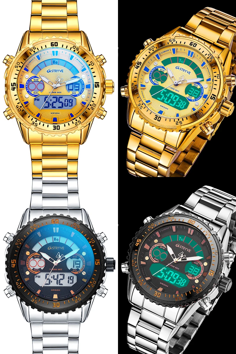 2020 New Stryve 8020 Luxury Men Watch Stainless Steel Military Dual Display Waterproof Quartz Digital Sports Watch reloj hombre