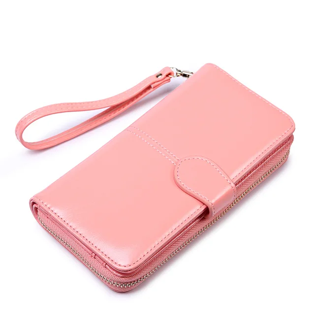 Women Oil Wax Leather Women's Wallet Female Purses Big Capacity Hasp Zipper Purse Ladies Long Wristlet Clutch Coin Card Holders Pink Red