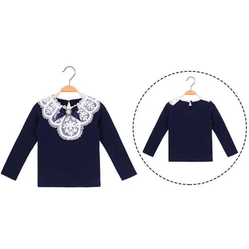 Baby Girls Blouses Children Cotton Lace Clothes Teenage School Girl Basic Tops Cute Bow Navy Blue Sweatshirts 2 4 6 8 11Yrs