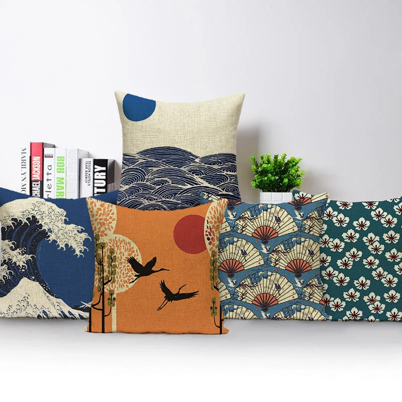 

Japanese Style Cushions Cover Striped Waves Mountain Bird Living Room Pillows Case Nordic Sofa Car Cushion Covers