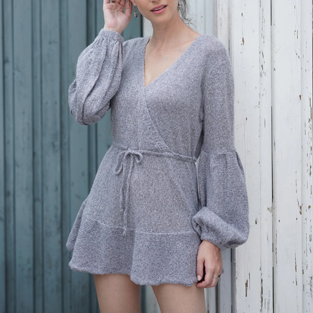 Women V Neck Gray Sweater Dress Casual Knitted Long Sleeve Pullover Autumn Winter Mini Party Dresses Robe Pull Femme | Женская одежда