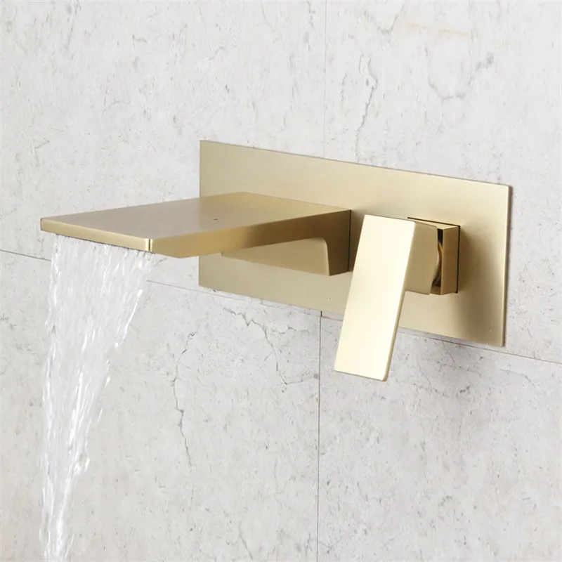 

Bathroom Basin Faucets Solid Brass Brushed Gold/Black Sink Mixer Tap Hot & Cold Lavatory Crane Taps In-Wall Waterfall Faucets