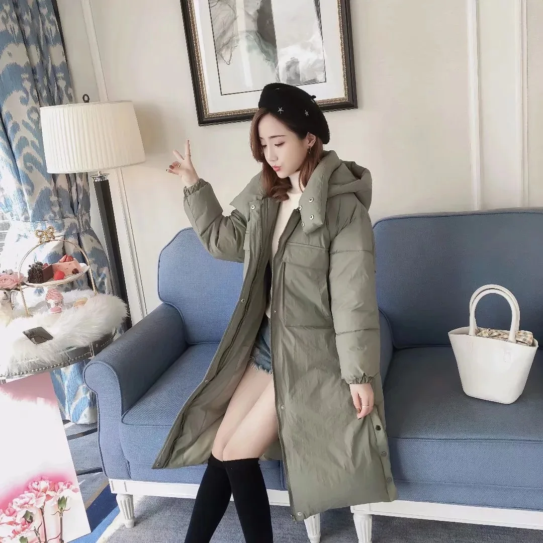 

2018 Winter New Style Korean-style College Style Loose-Fit Solid Color Long Hooded Long Sleeve Slit Thick Cotton-padded Clothes