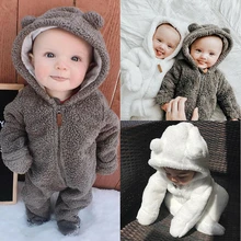 Милый комбинезон с капюшоном и длинными рукавами для новорожденных мальчиков и девочек; сезон осень-зима; Теплый Плюшевый комбинезон; зимняя одежда