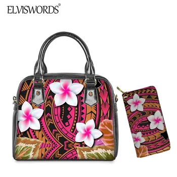 

ELVISWORDS Polynesian Flowers Tribal Pattern Shoulder Handbag for Women Durable PU Leather Bag 2pcs Tote and Purse Casual Travel