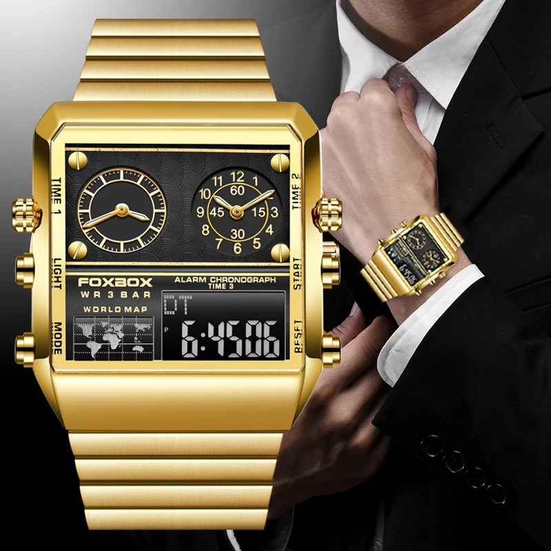 LIGE  2023 New Top Brand Luxury Fashion Men Watches Gold Stainless Steel Sport Square Digital Analog Big Quartz Watch for Man