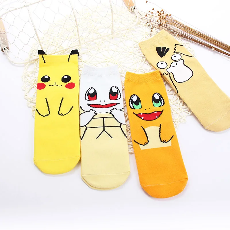 Женские носки с изображением Пикачу, теплые милые хлопковые носки Kawaii, забавная уличная одежда, модные повседневные Носки с рисунком из мультфильма «Счастливый Покемон»