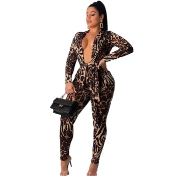 

Autumn Winter Women Two Piece Set Top and Pants Plus Size Tracksuit Sweatsuit Outfit Bandage V Neck Leopard Sets