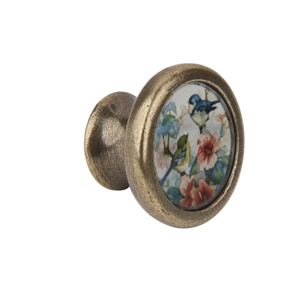 10Pcs Vintage Brass Wardrobe Drawer Door Cupboard Pull Bin Retro Handle Knob Birds and Flower Pattern