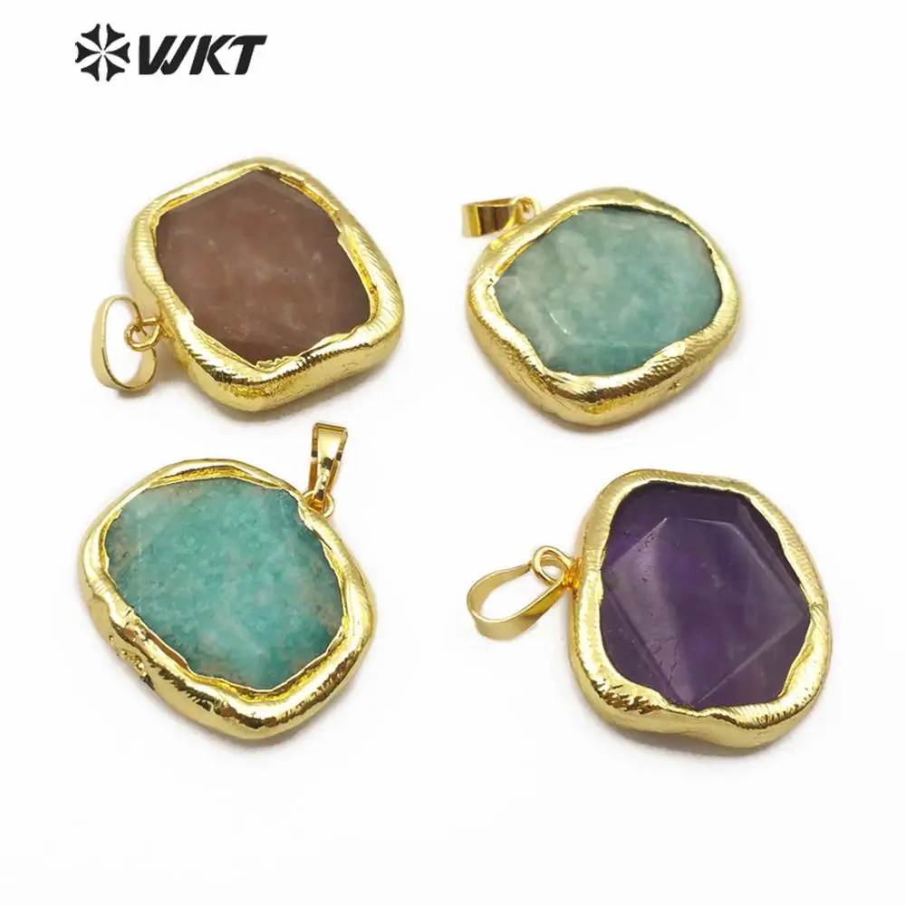 

WT-P1468 WKT Natural Stone Pendant Strawberry Stone/ Amazonite/ A methyst Stone With Gold Electroplated Pendant Fashion Jewelry