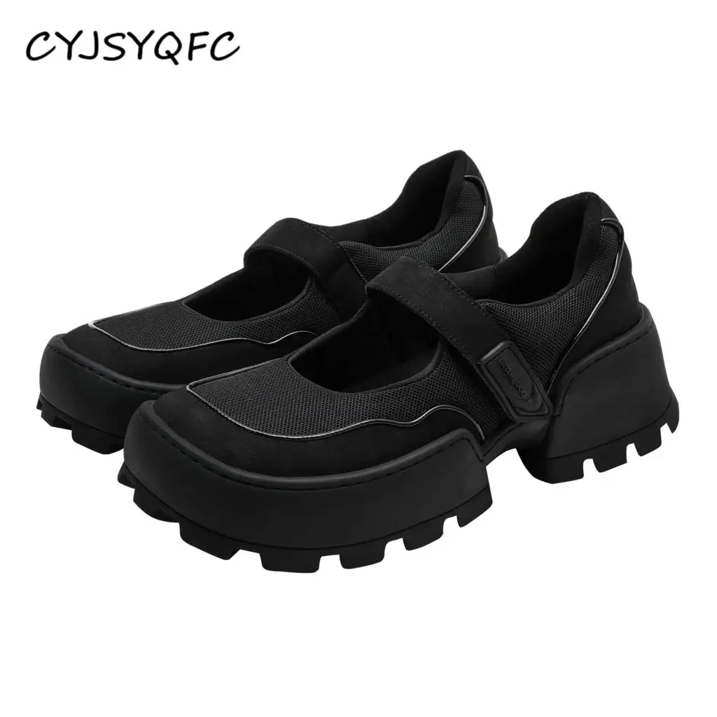 

CYJSYQFC Japanese Harajuku Style Velcro Wedge Platform Women Sneakers Square Toe Black Beige Thick Bottom Lady Vulcanize Shoes