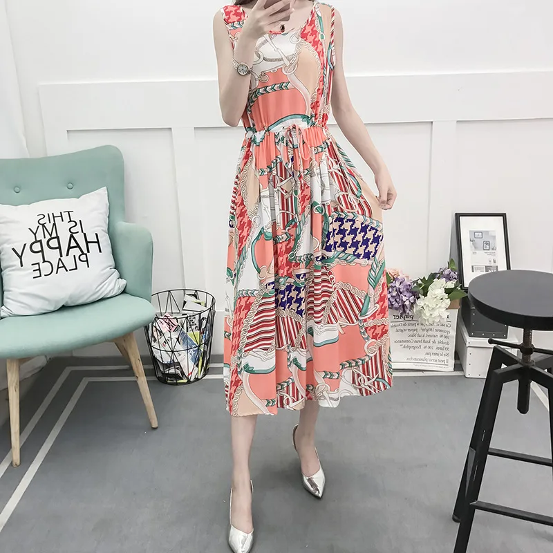 

2019 Bourette Dress WOMEN'S Dress Summer Korean-style Mid-length Large Size Slimming Drawstring Floral-Print Sleeveless Dress