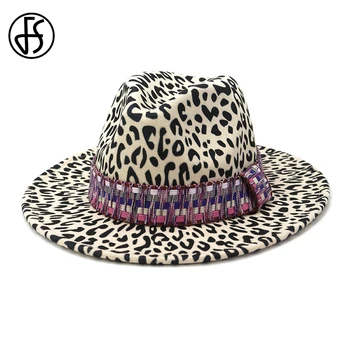 

FS 2020 Wide Brim Wool Felt Fedora Hats Leopard print With Ribbon Band Men Women Vintage British Style Panama Trilby Jazz Cap