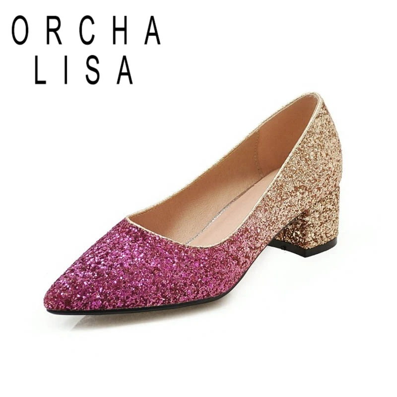 

ORCHA LISA Female Spring Autumn Pump Pointed Toe 4cm Square Heel Luxury Glitter Bling slip on Plus size 33-45 Red casual party