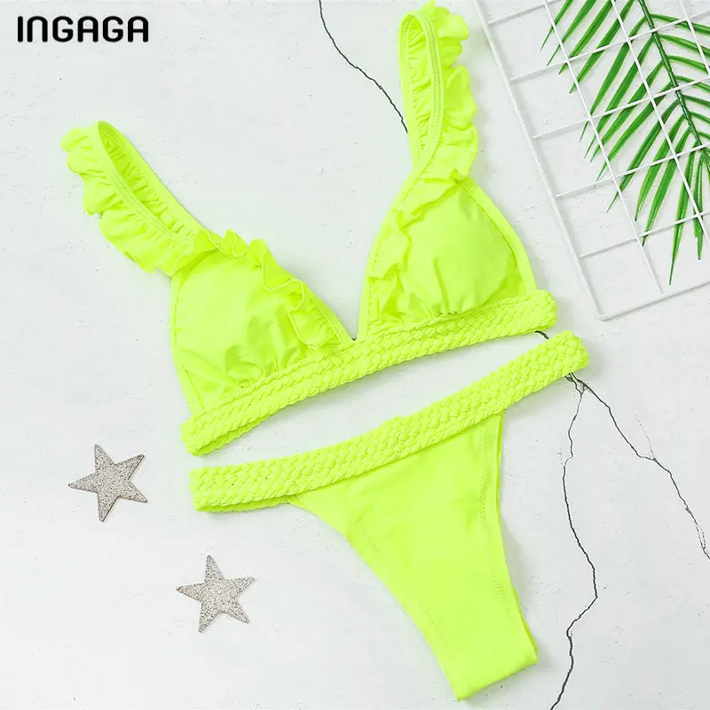 

INGAGA Ruffle Bikini Set Push Up Women Swimsuit Sexy Thong Swimwear Women New Solid Biquini 2020 Strap Brazilian Bikinis