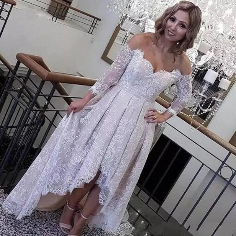 Vintange-Lace-A-Line-Short-Wedding-Dresses-2019-Off-The-Shoulder-Long-Sleeves-Bridal-Gowns-Low