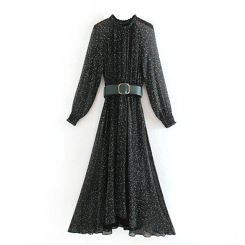 Women Long Dresses Spring 2020 New Clothing Full Sleeve Ruffle Collar Belt Boho People Prints Chiffon Dress | Женская одежда