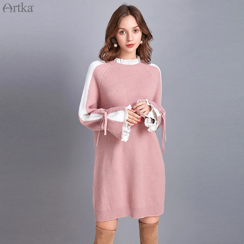 ARTKA Осень Зима Новое Женское платье с кружевами и круглым вырезом элегантное вязаное платье с оборками и расклешенными рукавами женское платье-свитер LB10291D