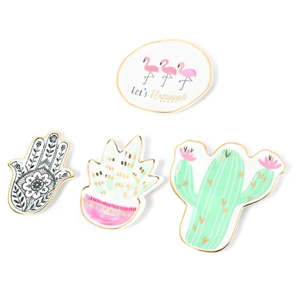 

Innovative Storage Snack Plate Kawaii Hand-Painted Flamingo Cactus Pineapple Gold Ceramic Saucers Dessert Jewelry Storage Trays