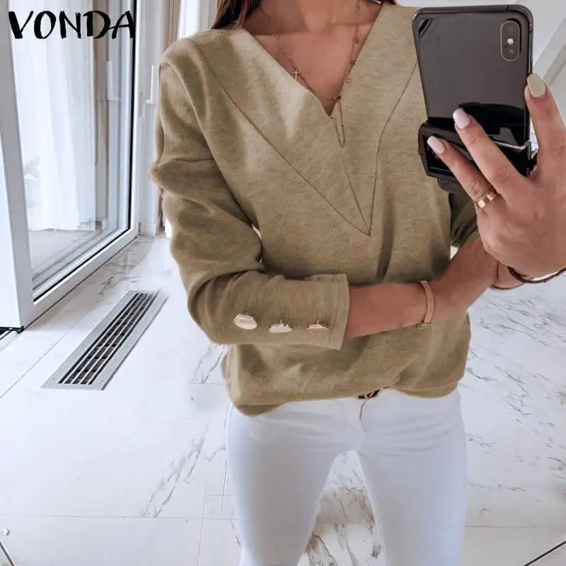 

VONDA Spring Autumn Thin Sweaters Blouses Women Fashion Sexy V-neck Shirts Loose Long sleeve Plus Size Pullover Tops S-5XL Blusa