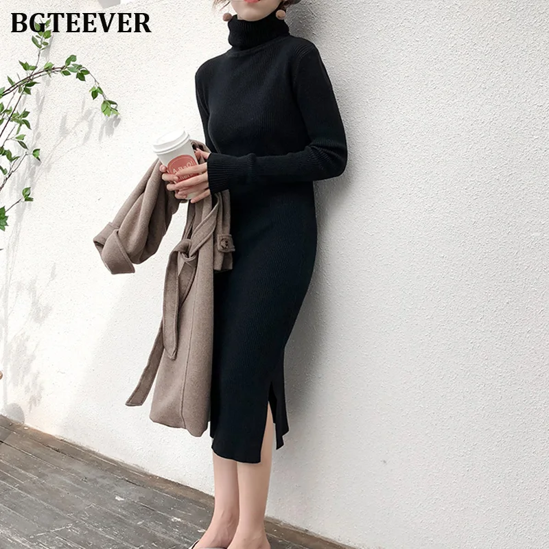 Baratos Otoño Invierno mujer suéter vestido cuello alto manga completa Delgado estiramiento Vestidos Mujer lado Split Midi mujer vestido tejido 2019