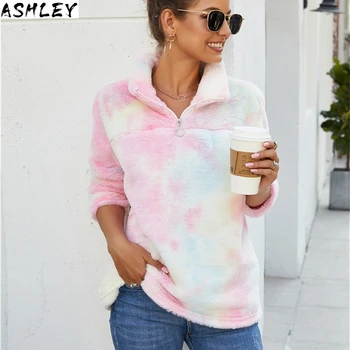 

Fleece Sweater Sherpa Rainbow Gradient Fluffy Zipper Pullover Female Winter Warm Tops Chic Party Fluffy Teddy Fleece Sweaters