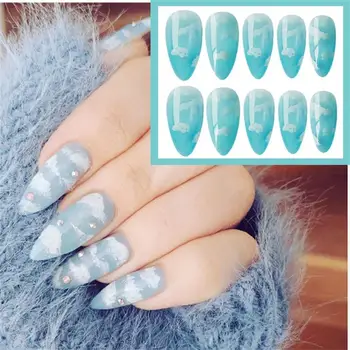 

24 pcs/set Stiletto Shape Fake Nails Blue Natural Blue Sky White Cloud Pattern Fake Nail Full Cover False Nail Tips With Glue