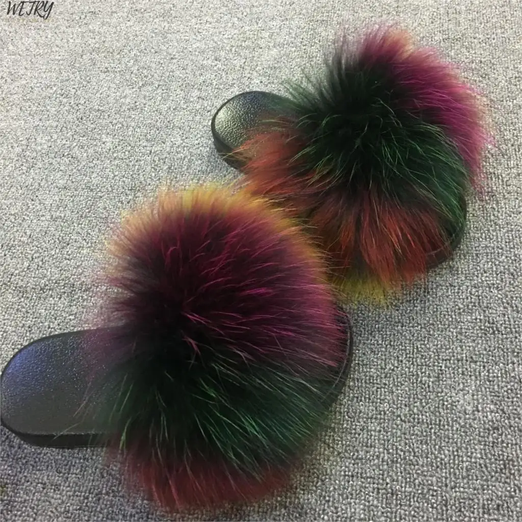 Тапочки с натуральным мехом; пляжные шлепанцы без задника с натуральным лисьим мехом; женские шлепанцы для отдыха - Цвет: fox fur slippers