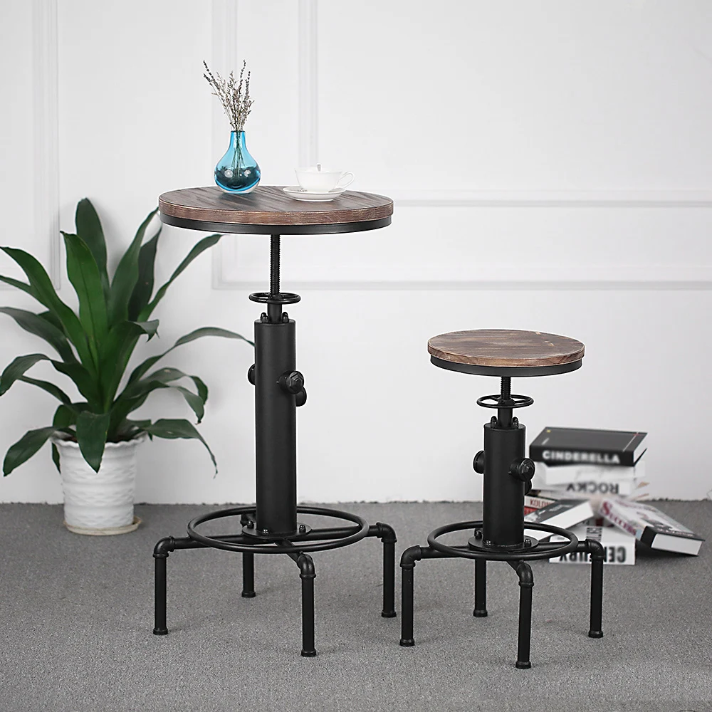 IKAYAA Pinewood Top Round Pub Bar Table Table de Table R/églable en Hauteur Bistro Table Industrial Pipe Style Cuisine Table /à Manger