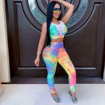 

2020 High Quality Women's Sets Tank Top+long Pants Tracksuits Comfortable Slim Running Sets Conjunto Moletom Tie Dye Feminino #3