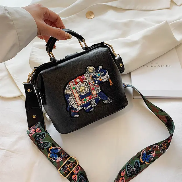 Vintage Embroidery Elephant Bag Bags Wide Butterfly Strap PU Leather Women Shoulder Crossbody Bag Tote Women's Handbags Purses women bag Black
