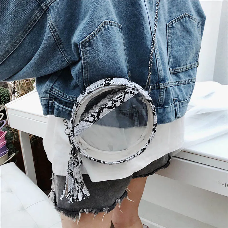 

New Style Women Clear Snakinskin Pattern Crossbody Bag Round Transparent Purse Shoulder Handbag with Tassel