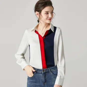 

Pure Silk Blouse Women Tops and Blouses Long Sleeve Shirts White Contrast Color Blouse Office Ladies Tops High Quality Lazy Oaf