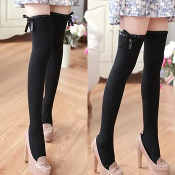 

Sexy Fashion Thigh High Stockings Women's Stocking Warm Ribbon Bow Cute Over Knee High Socks Ladies Girls Black Long Stockings