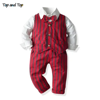 

Top and Top Spring Autumn Baby Boy Casual Clothes Cotton Long Sleeve Bowtie Shirt+Vest+Trousers 3Pcs Set Baby Gentleman Suit