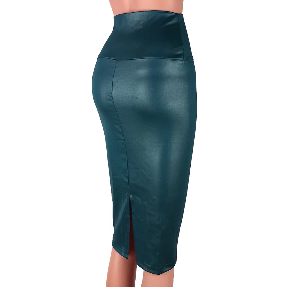 Faux Leather Sexy Skirt Women High Waist Split PU Party Office Formal Mid Skirt Bodycon Pencil Skirt Black