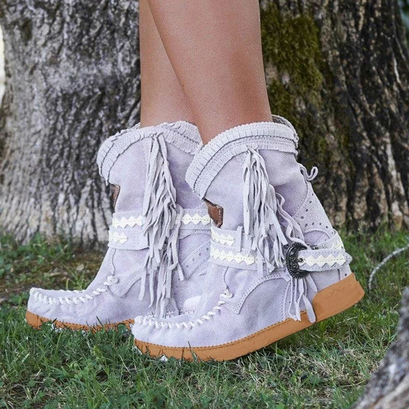 Dropshipping Women Ankle Short Boots Tassels Round Toe Buckle Strap Boots Ethnic Warm Non-slip Boots Shoe For Ladies Botas Mujer