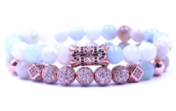 

8mm 2PCS/Set rose gold elastic adjusted nature bead ikj4 micro pave cz zircon cubic zirconia tube Bracelet Jewelry