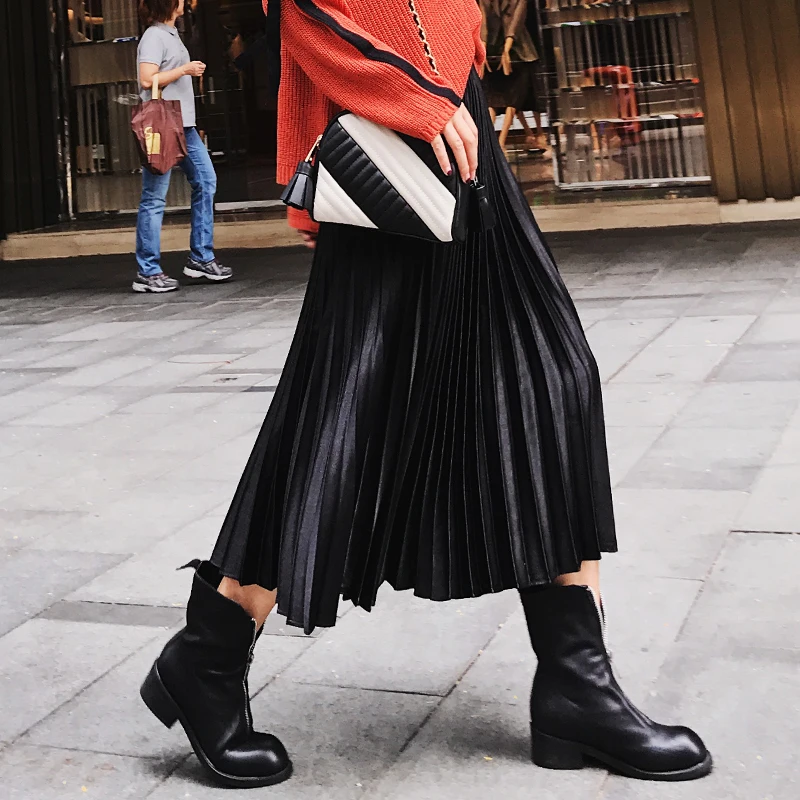 Ulzzang qiu dong han edition, Длинные атласные юбки цвета металлик, плиссированные юбки