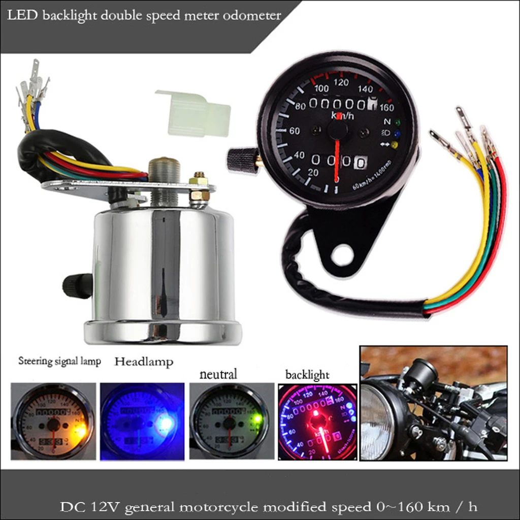 Black 12 Volt LED Backlight Signal Motorcycle Odometer KMH Speedometer Gauge