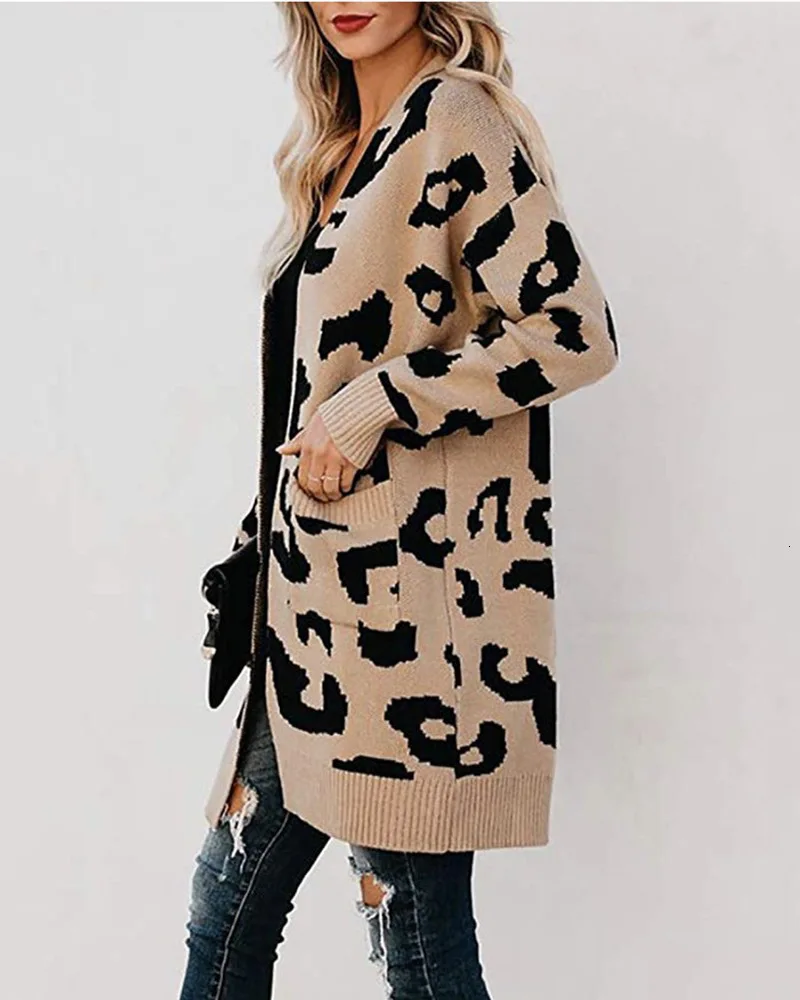 Sweater Girls Long Section Two Pocket Leopard Print Cardigan
