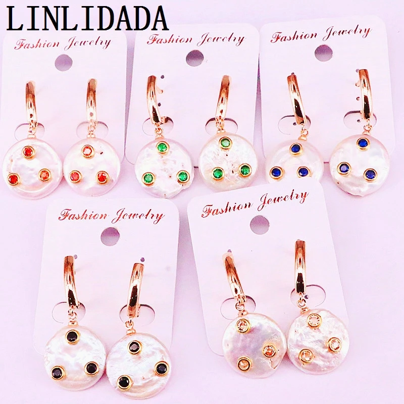 

5Pairs natural freshwater pearl with colorful cz pave coin shape gold Earring ladies Jewelry