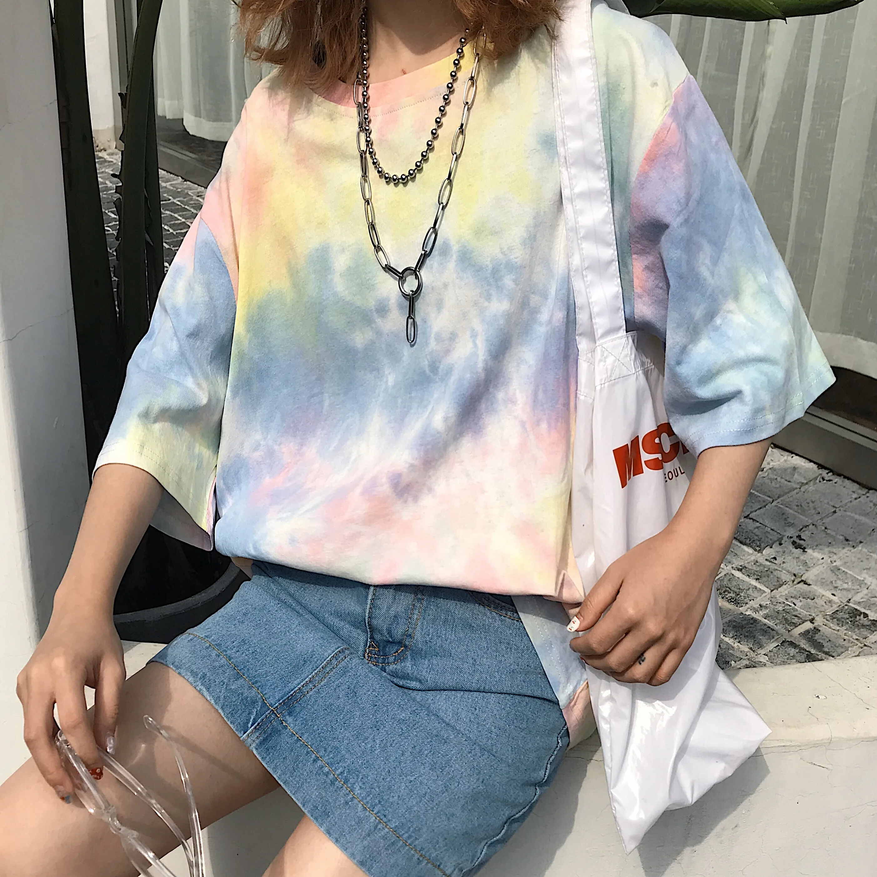 Tie Dye граффити контрастный принт уличная свободная футболка женская мужская футболка Harajuku футболка Корейская футболка скейтборд негабаритная - Цвет: as photo 2